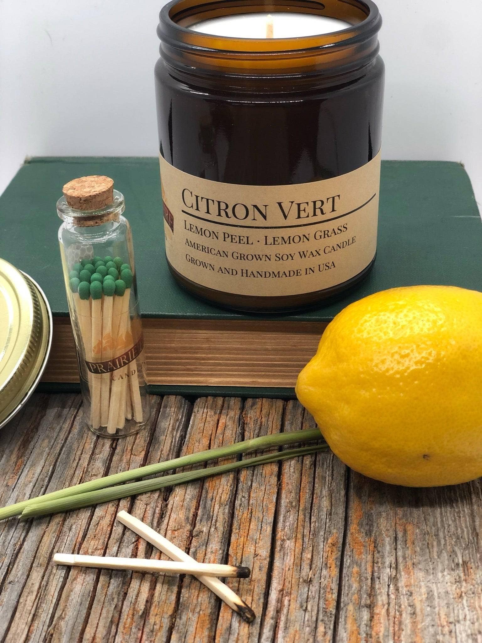 VIAI Beauty - Wholesale Jar/Filled Candle - PRAIRIE FIRE Citron Vert Soy Wax Candle | 9 oz Amber Apothecary Jar