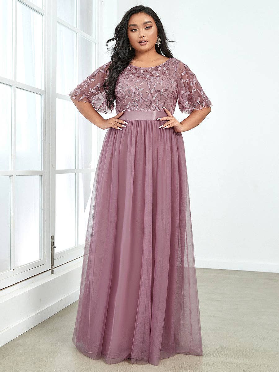 Ever-Pretty - Vente Robe de soirée – femme - Robe de soirée grande taille à imprimé pailleté avec manches courtes volantées2