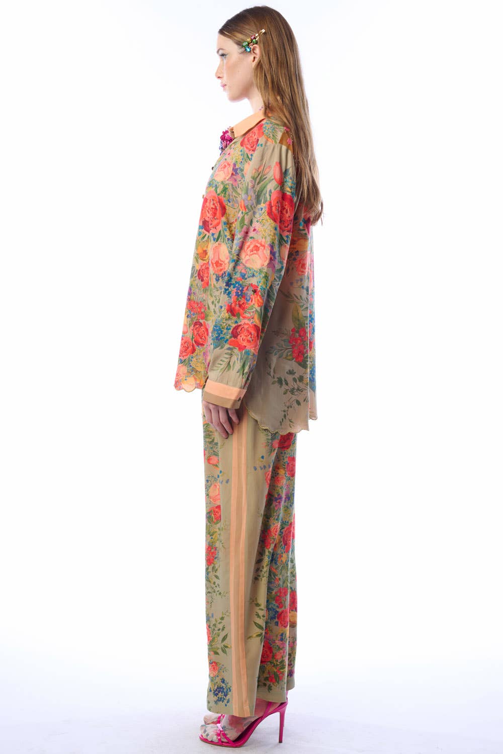 Vintage-Smaragd Roma-Hemd | Florales Button-Down-Hemd | Pailletten-Mesh-Detail für den Großhandel auf Faire9