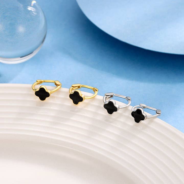 Perimade & Co. LLC - Wholesale Huggie Earrings - Black Four Leaf Clover Hoop Earrings in 925 Sterling Silver3
