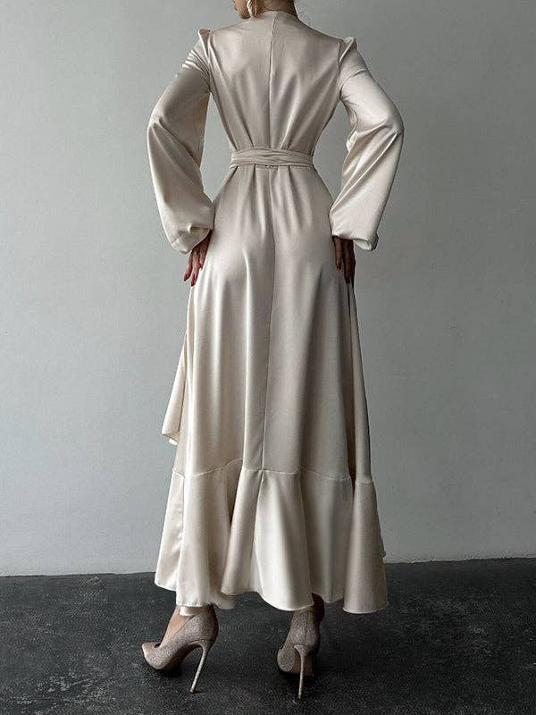 Sheer Trend - Wholesale Dress - Women's - Puff-Sleeve Asym Pleat Split-Tie V-Neck Shirt Maxi6