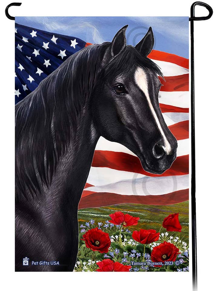 Quarter Horse Black - Patriotic Flowers Garden Flag for wholesale by Pet Gifts USA, LLC