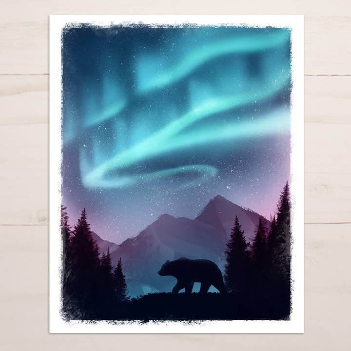 Aurora Borealis Bear || Northern Lights Fine Art Print for wholesale by The Snow Finch