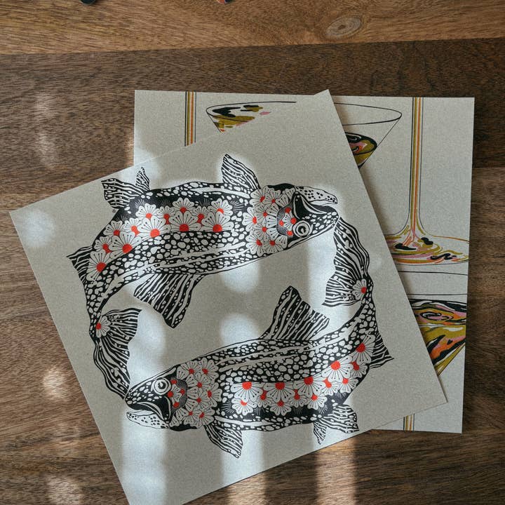White 'Fish Love' Print by Parrott Paints for wholesale on Faire