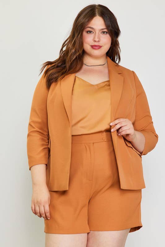 SKIES ARE BLUE - Wholesale Blazer - Women's - Plus Size Recycled Poly Shirred Sleeve Blazer7