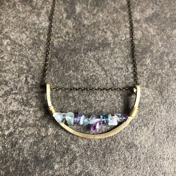 Arc of Brass with Flourite Crystal for wholesale by Kate Stephen Jewelry