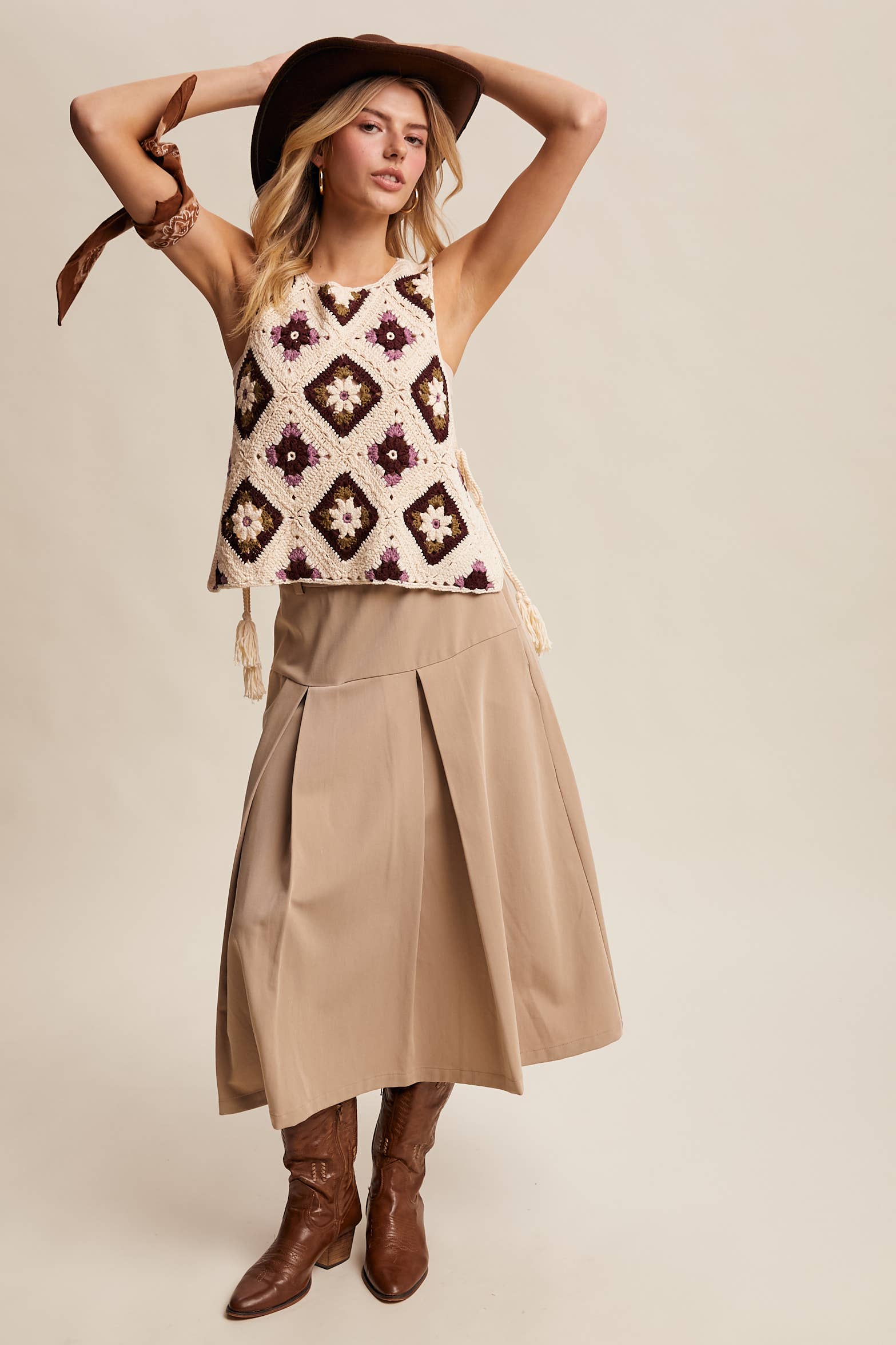 Listicle - Wholesale Sweater Vest - Women's - Crochet Granny Square Tassel Tie Vest LSW100621