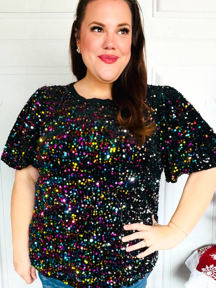 Promenade - Vente Chemisier – femme - Haut de fête en velours noir à sequins multicolores avec manches bouffantes (paquet ouvert)14