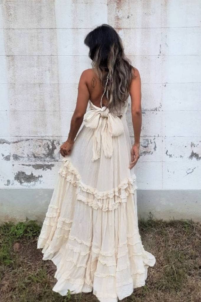 beige BOHO Beach Resort ruffle halter large swing flare maxi dress for wholesale on Faire12