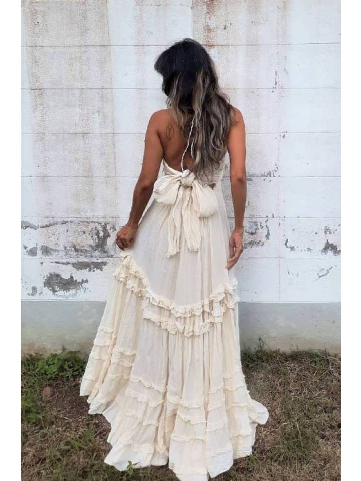 beige BOHO Beach Resort ruffle halter large swing flare maxi dress for wholesale on Faire12