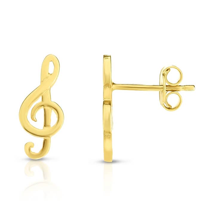 Pendiente de poste de clave de sol brillante de 6 x 14 mm con acabado amarillo en oro de 14 quilates con cierre a presión para venta al por mayor de The Diamond Deal