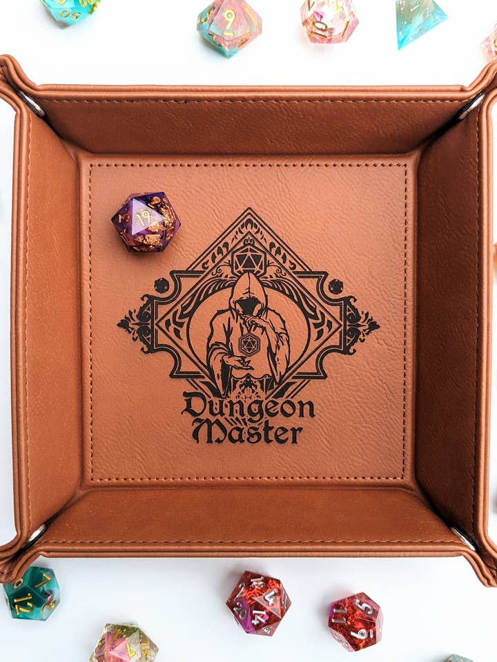 The Fate Twister - D&D Vegan Leather Dice Rolling Tray for wholesale by Emberglow Gaming