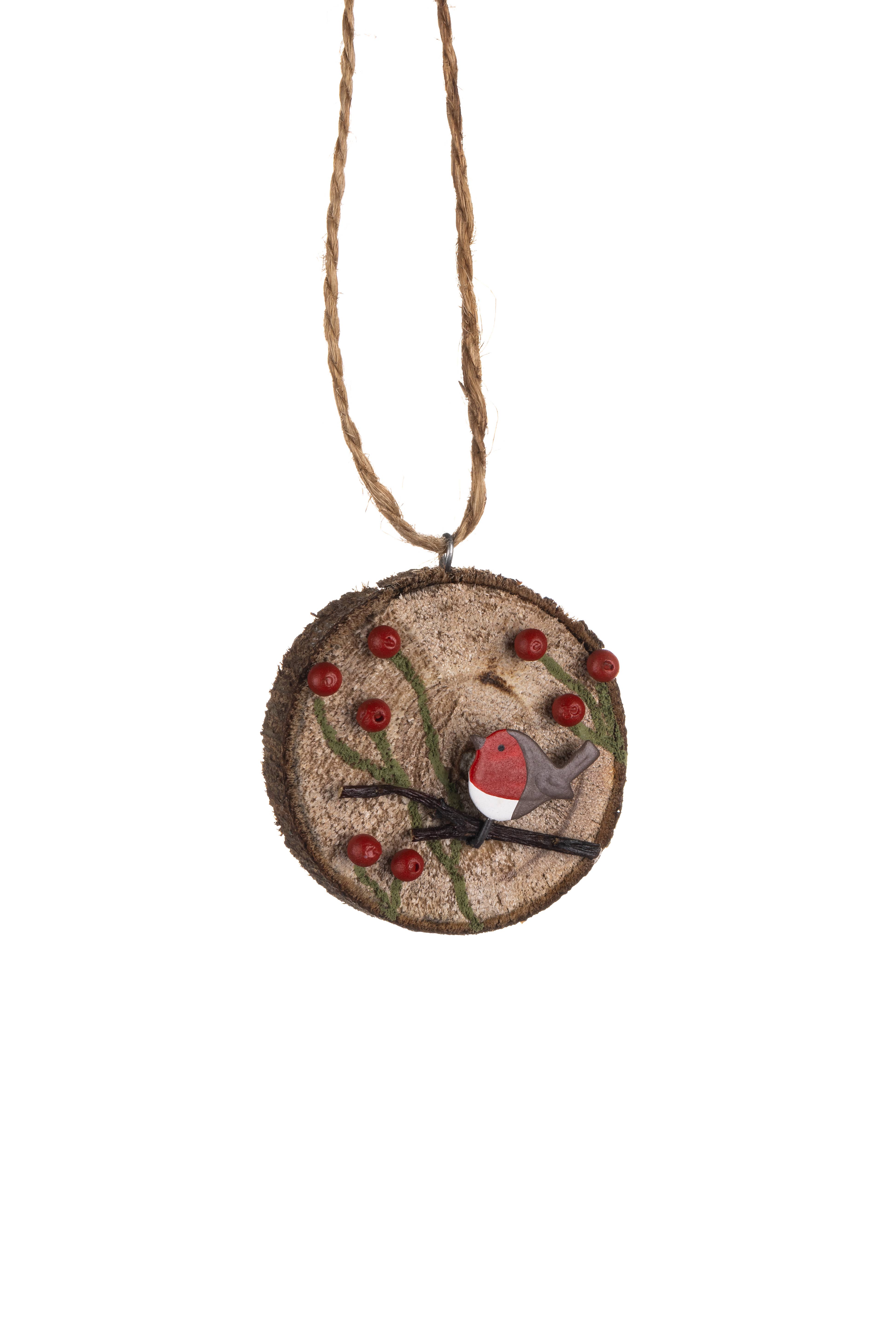 Shoeless Joe Ltd - Wholesale Ornament - Robin and Berries On Log Round Hanging0