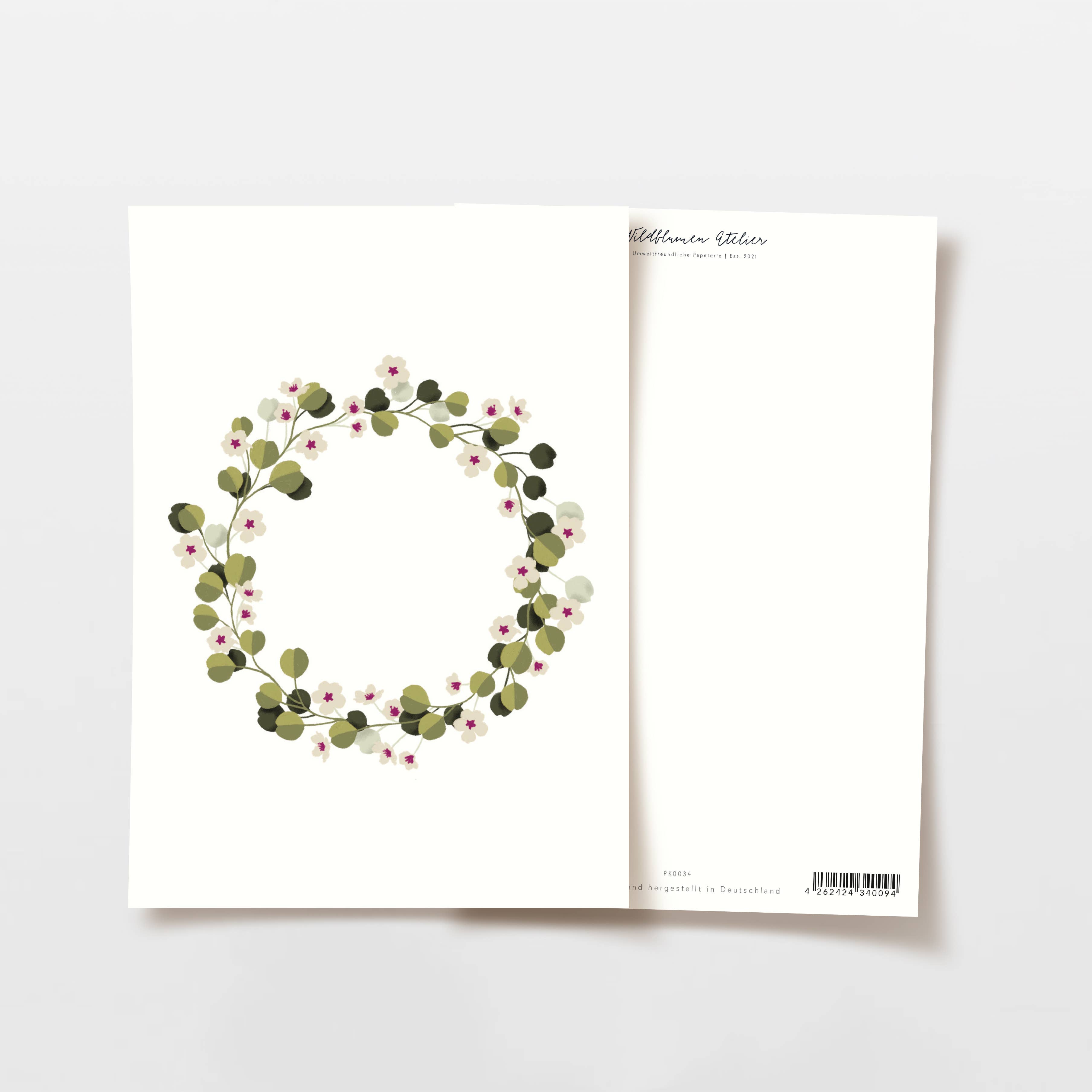 Wildblumen Atelier - Wholesale Postcard - Eucalyptus wreath postcard with flowers, FSC certified