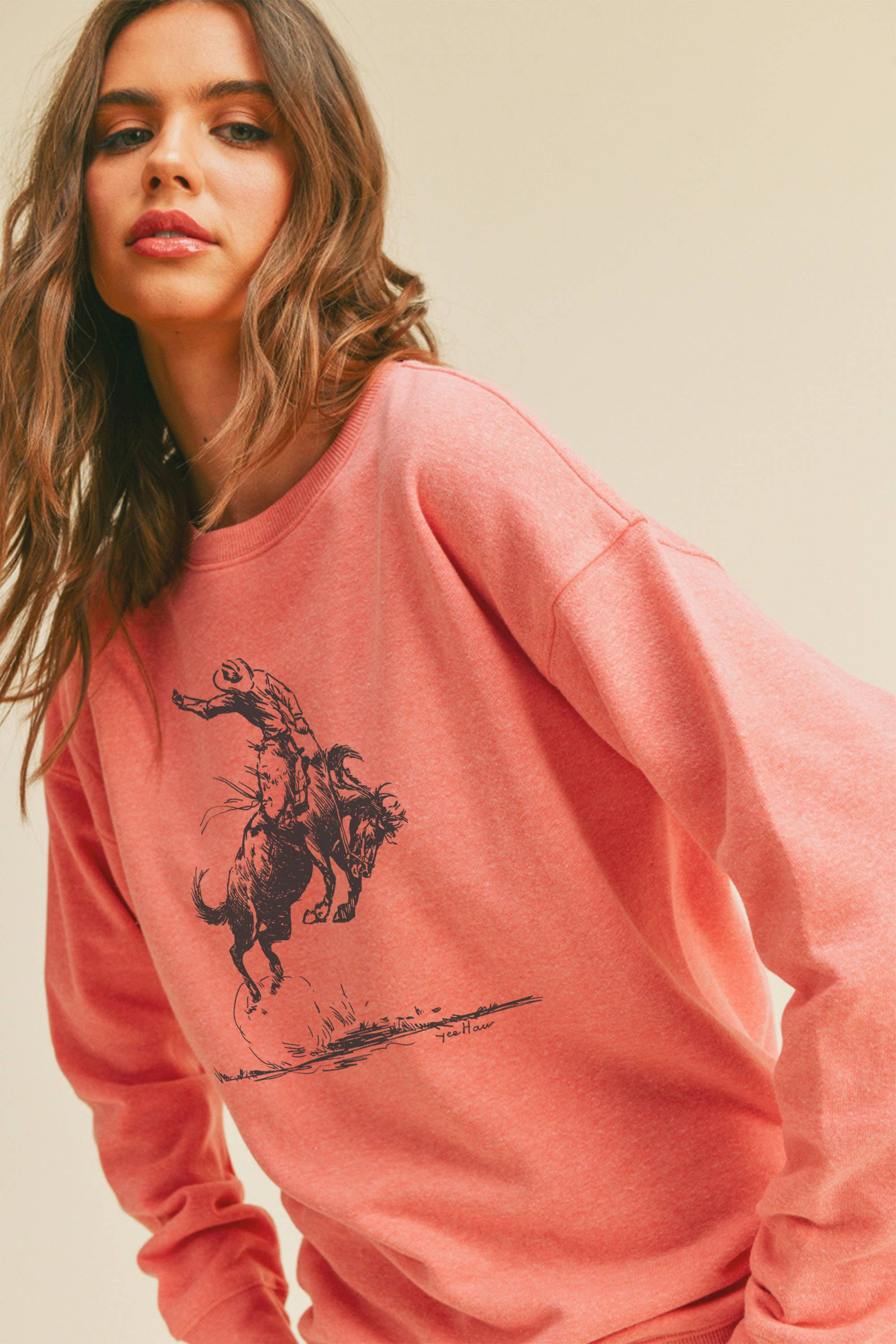 Honestee - Vente Sweat-shirt à imprimés – femme - Sweat-shirt à manches longues avec graphique de cowboy Yee Haw1