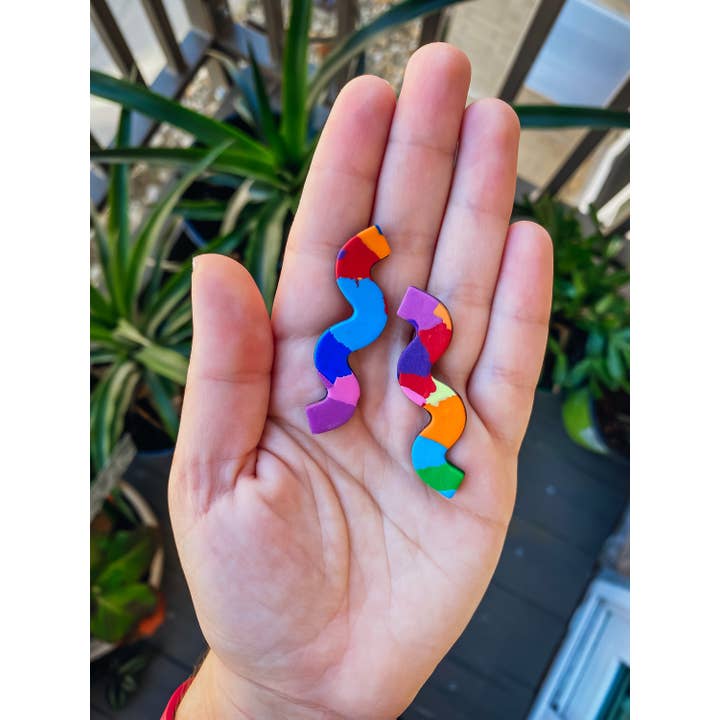 Rainbow Abstract Earrings, Squiggle Statement Earrings for wholesale by Lauren Likes Art