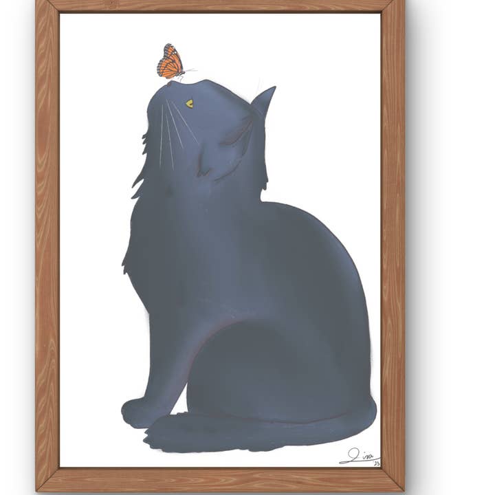 Serendipity cat and butterfly digital illustration print for wholesale by Lisa Trinca Art