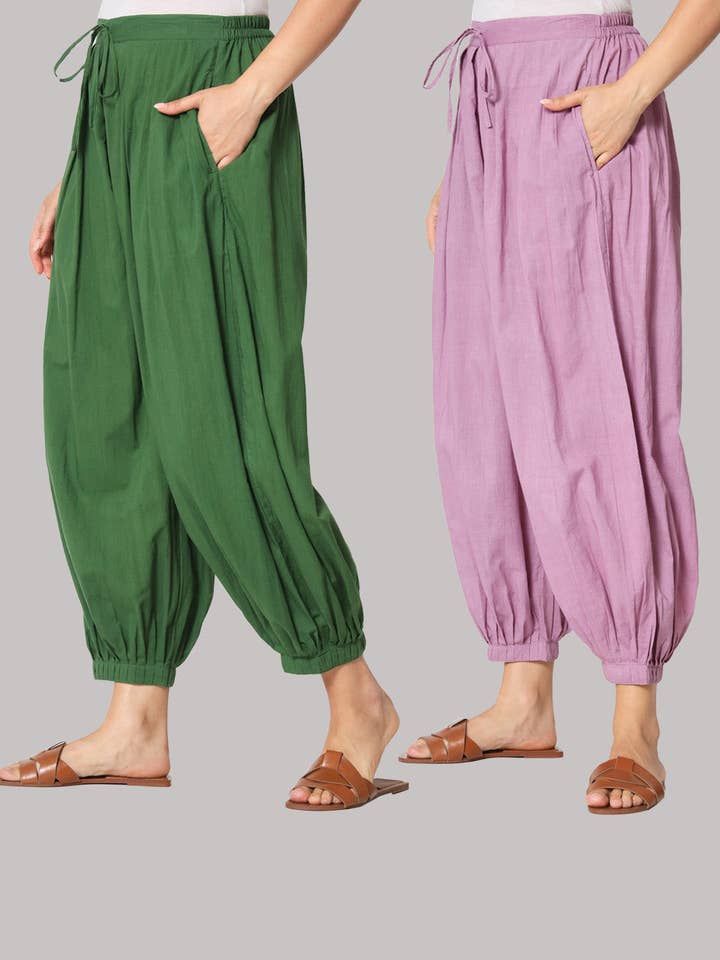 Pair of 100% Cotton Salwar- Greening Spring & Iris Pink for wholesale by Thevasa