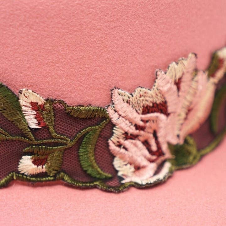 Olive & Pique - Wholesale Fedora - Women's - Lace Banded 100% Wool Felt Gambler Hat, Satin Lined, Unisex, Blush1