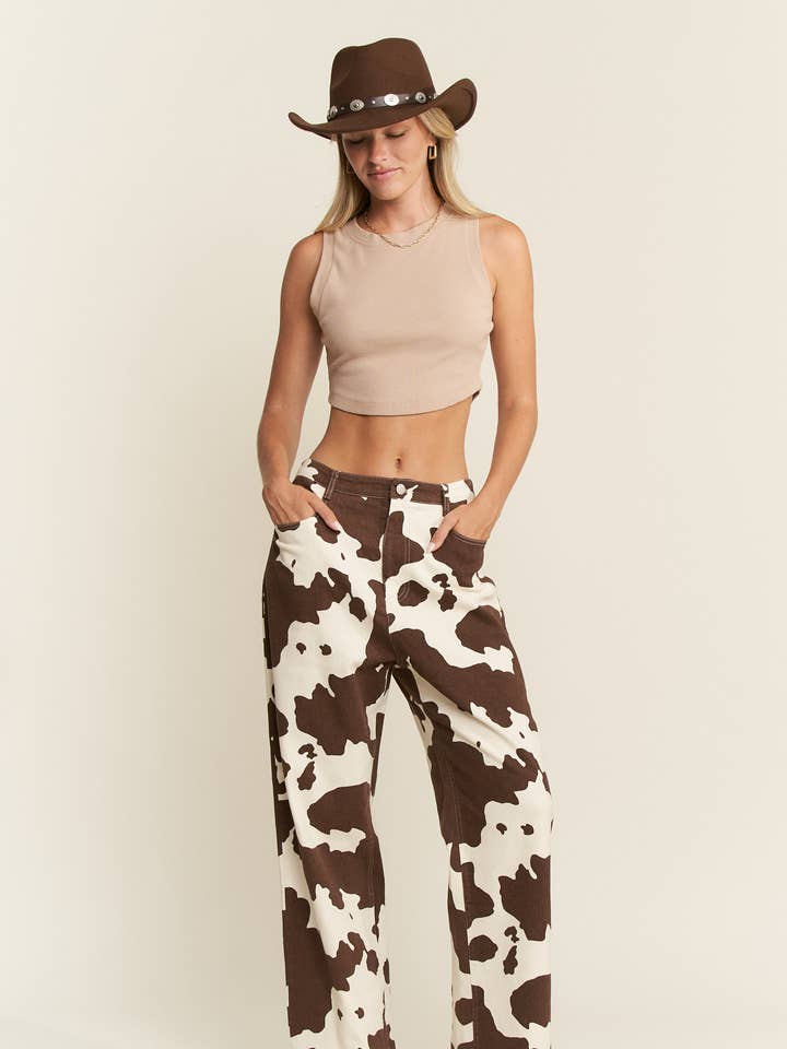 PLUS SIZE COW PRINT DENIM PANTS for wholesale by JADE BY JANE