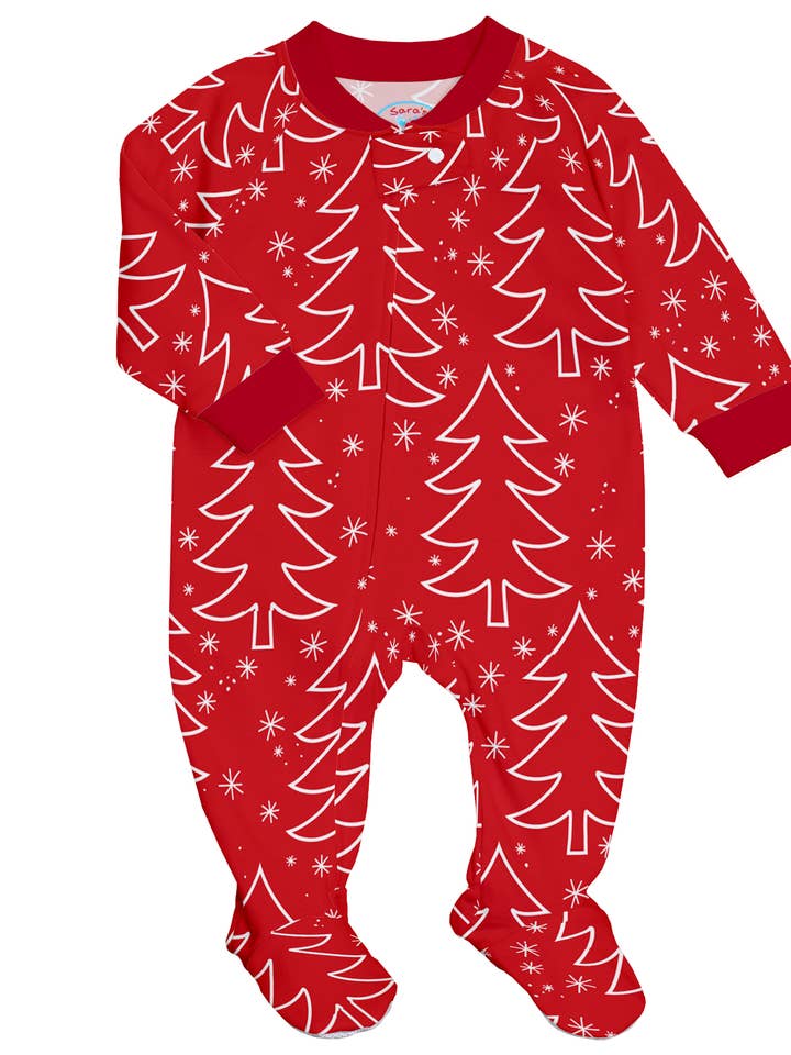 Sara's Prints Footed Pajamas 2330C-RTR RED CHRISTMAS TREES for wholesale by American Widgeon