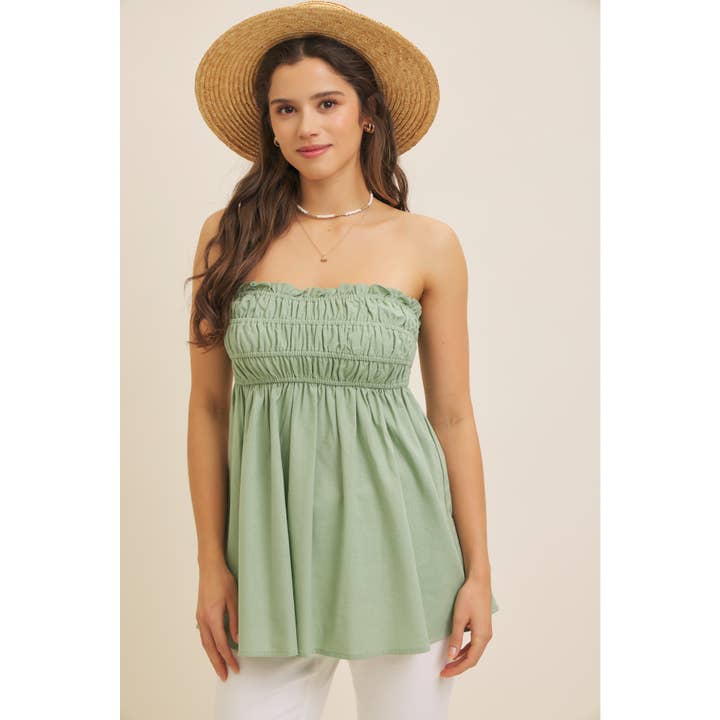 in february - Wholesale Blouse - Women's - VISCOSE LINEN RUCHED STRAPLESS TUBE TUNIC TOP