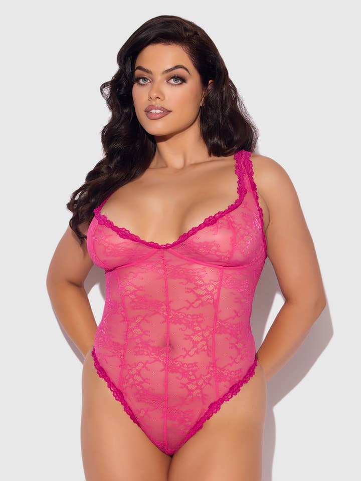 Purple Fuchsia YVONE LACE WIRELESS BODYSUIT for wholesale on Faire4