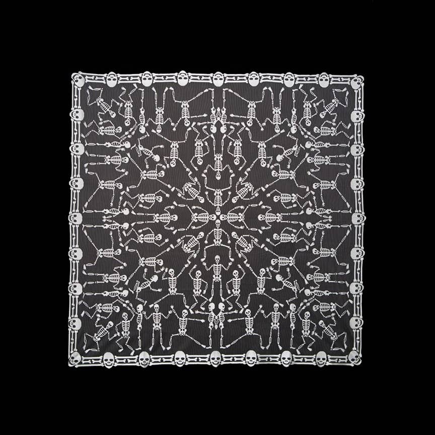 Heritage Lace - Wholesale Tablecloth - Halloween Skeleton Dance 58x58 Lace Tablecloth Pewter2