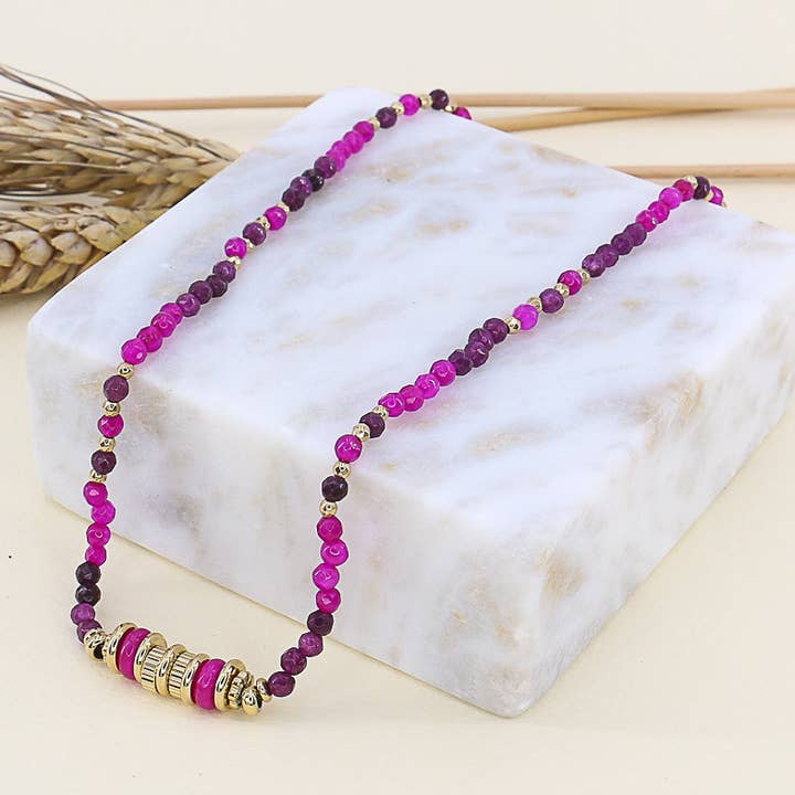 Collana da donna con perline sfaccettate in acciaio inox e pietra naturale 0122585 per la vendita all'ingrosso da parte di Lilas de Seine