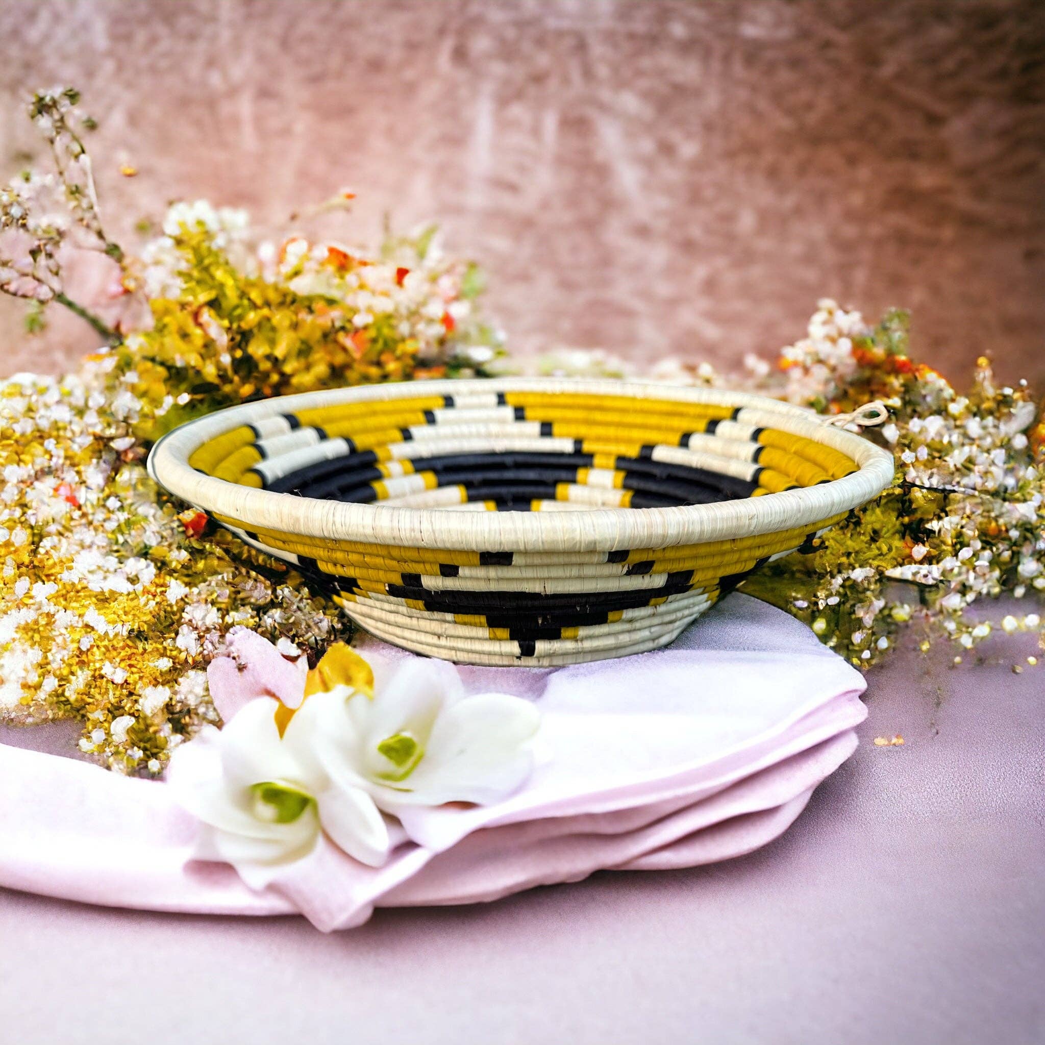 The African Home Goods - Wholesale Decorative Plate/Dish/Bowl - Trade Uganda African Bukedo Bowl  Black Yellow & Tan 13" Across -3