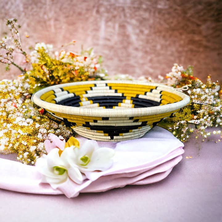 The African Home Goods - Wholesale Decorative Plate/Dish/Bowl - Trade Uganda African Bukedo Bowl Black Yellow & Tan 13" Across -3