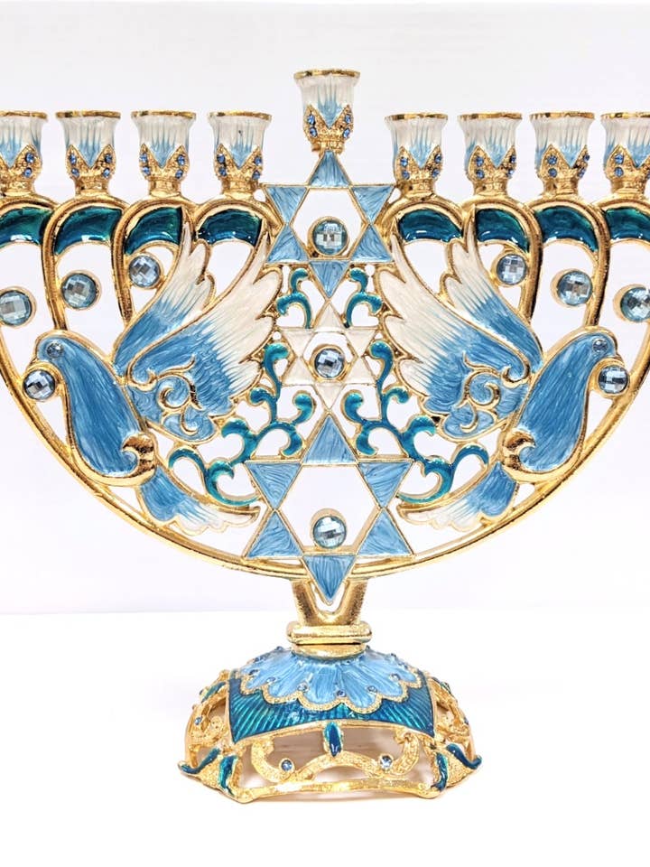 Hand Painted Dove Menorah With Crystals for wholesale by Collection by Nouvelle