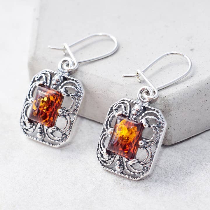 Vintage-Ohrringe aus baltischem Bernstein, Tropfenohrringe aus Silber und Bernstein für den Großhandel von Marcin Waryszak