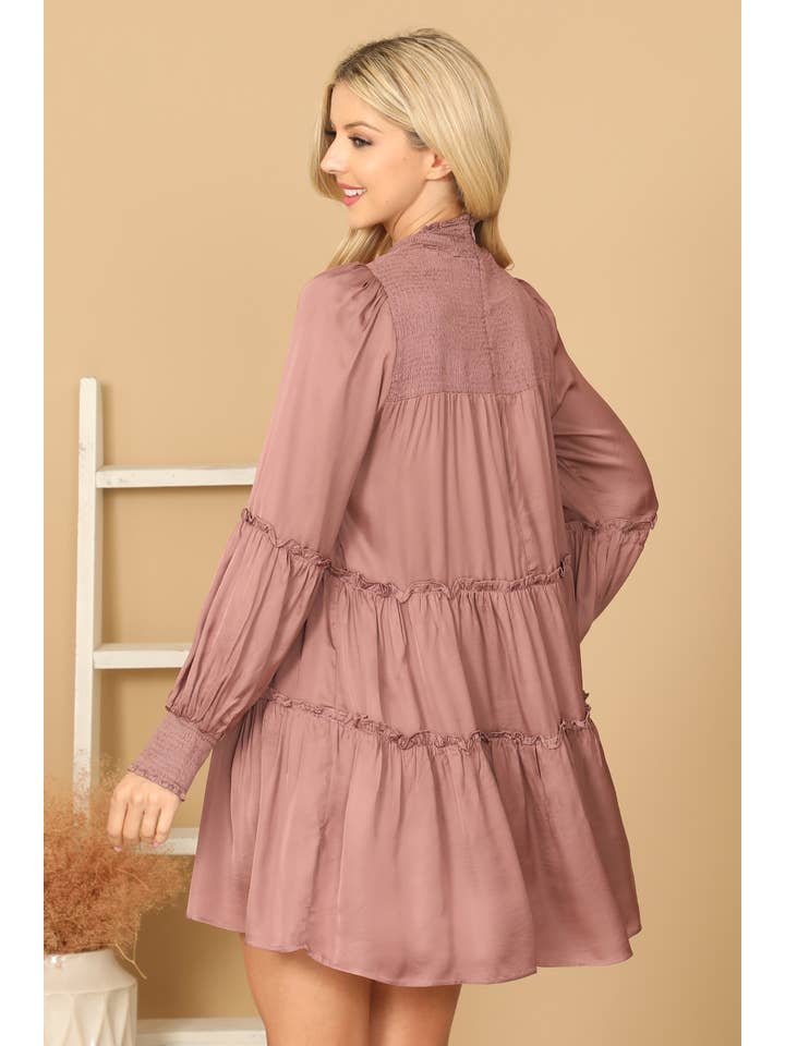 MYS Wholesale Inc - Wholesale Dress - Women's - Shirred High Neck Puff Sleeve Tiered Satiny Dress