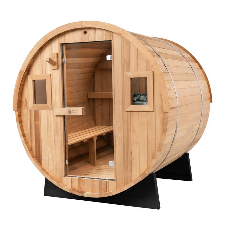 Barrel Outdoor Sauna - 6 Person w/ Harvia KIP 8kW Heater for wholesale by Patio Elegance