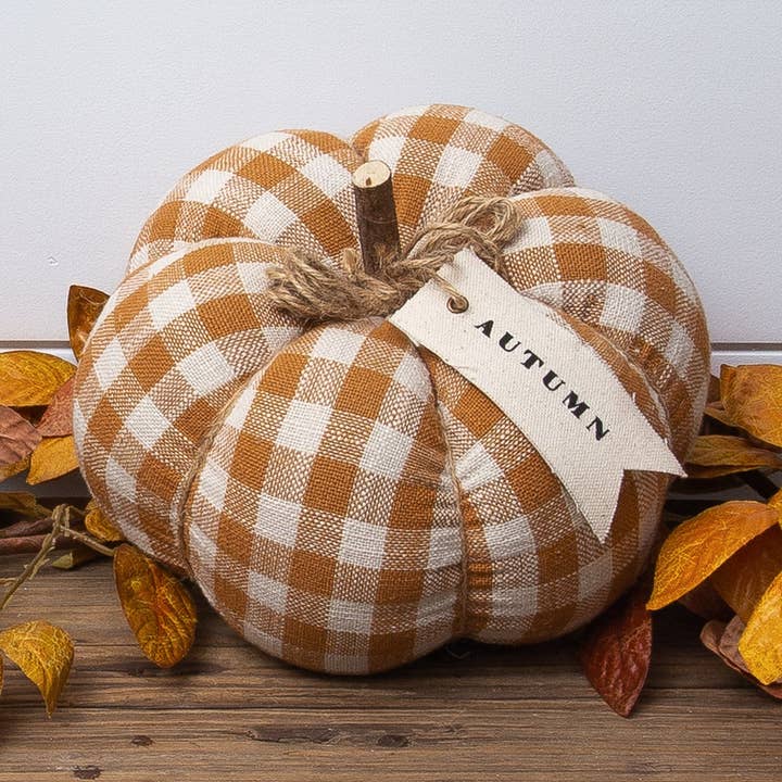 Rust Plaid Pumpkin With Fabric Tag (PC) for wholesale by Audrey's Home & Gift