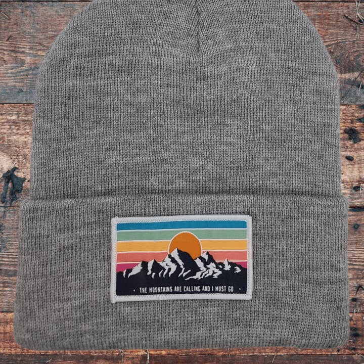 PNW Apparel - Wholesale Beanie - Unisex - Mountains Are Calling Beanie – Retro Sunset Patch1
