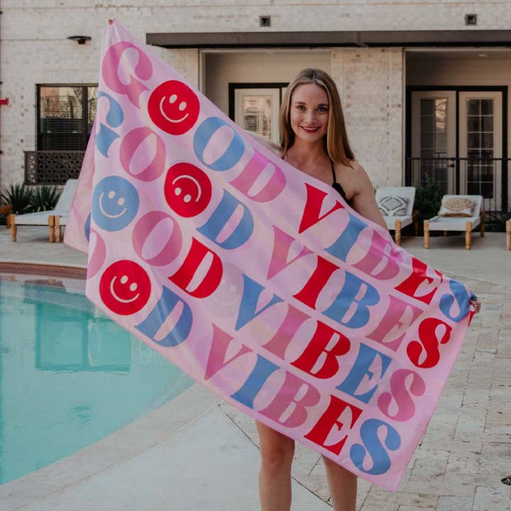 Happy Good Vibes Beach Quick Dry Towel for wholesale on Faire