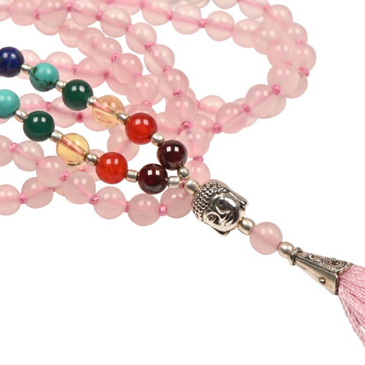 Bodynova - Wholesale Prayer Beads Necklace - Mala 7 Chakras, Rose Quartz With Pink Tassel, 108 Pearls1