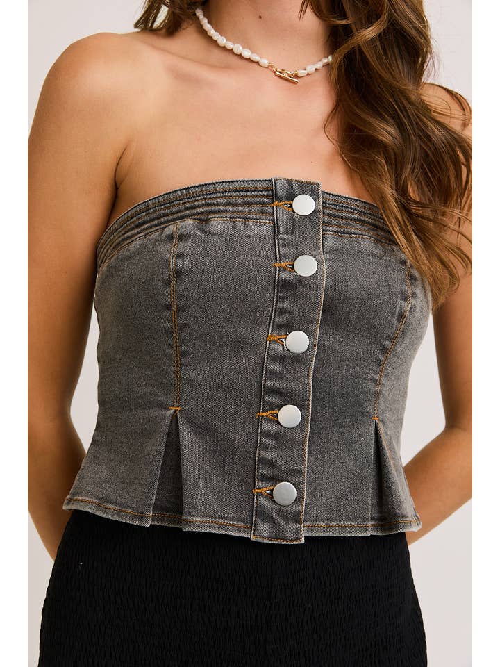 LE LIS - Wholesale Blouse - Women's - DENIM TUBE TOP WITH FRONT BUTTONS