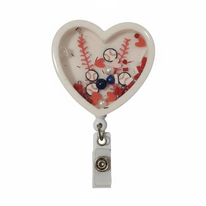 Baseball heart shaker badge reel for wholesale by Blue Bourbon Designs