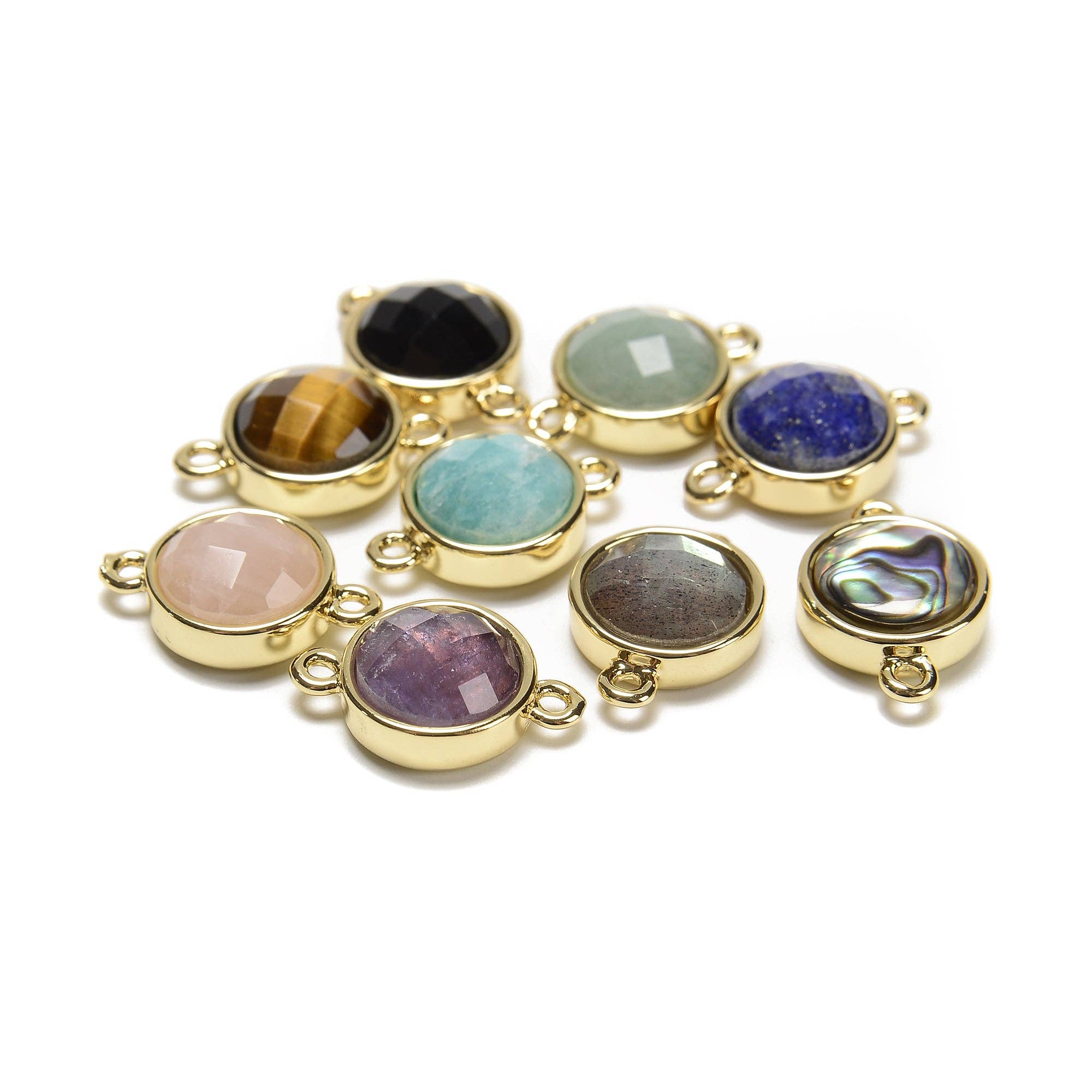 CRCBEADS - Wholesale Individual Charm/Pendant - Gemstone Faceted Round Gold Edge Connector Pendant Charm Size 12x12mm0