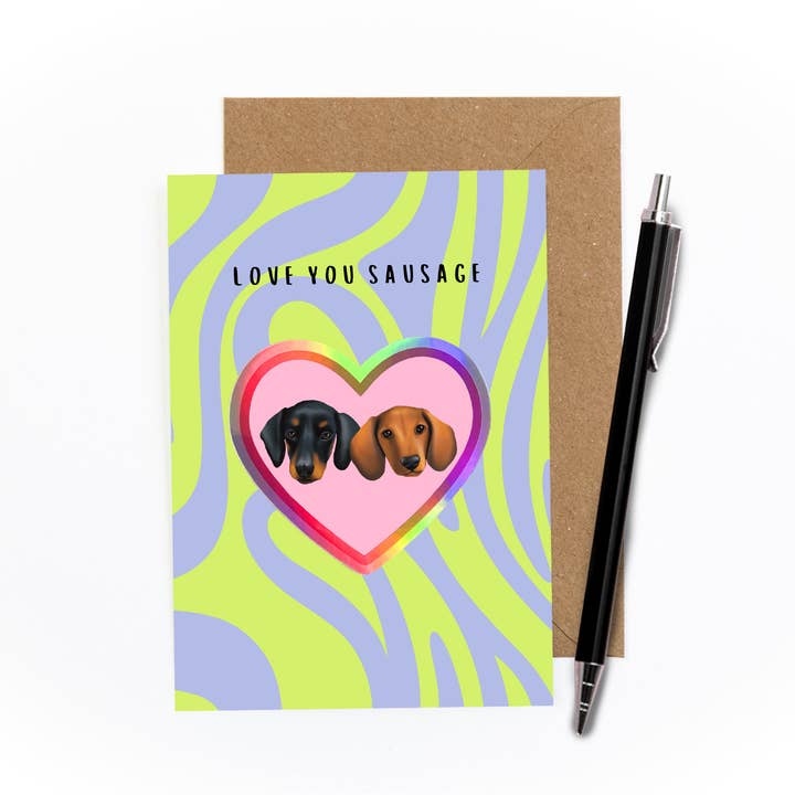 Love You Sausage Sticker Card for wholesale by Amy Illustrates