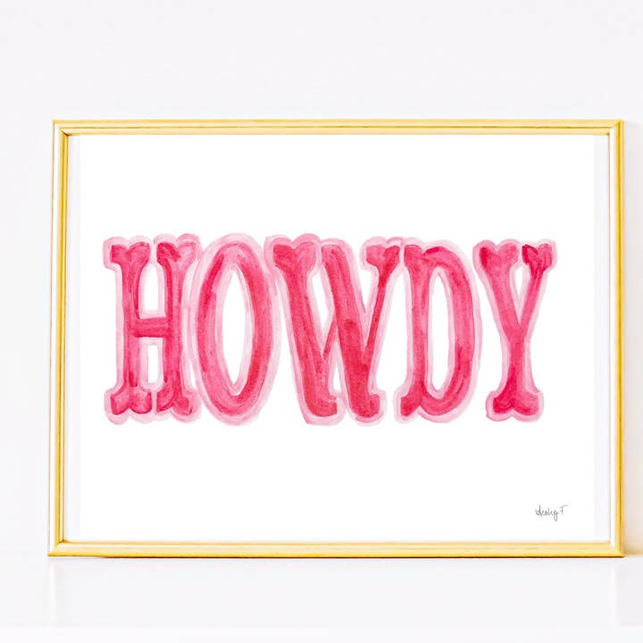 Print | Hot Pink Howdy Watercolor Print | Western Decor | Southern | Pink Cowgirl Art | Dorm | Rustic Decor for wholesale by Shop Art by Audrey