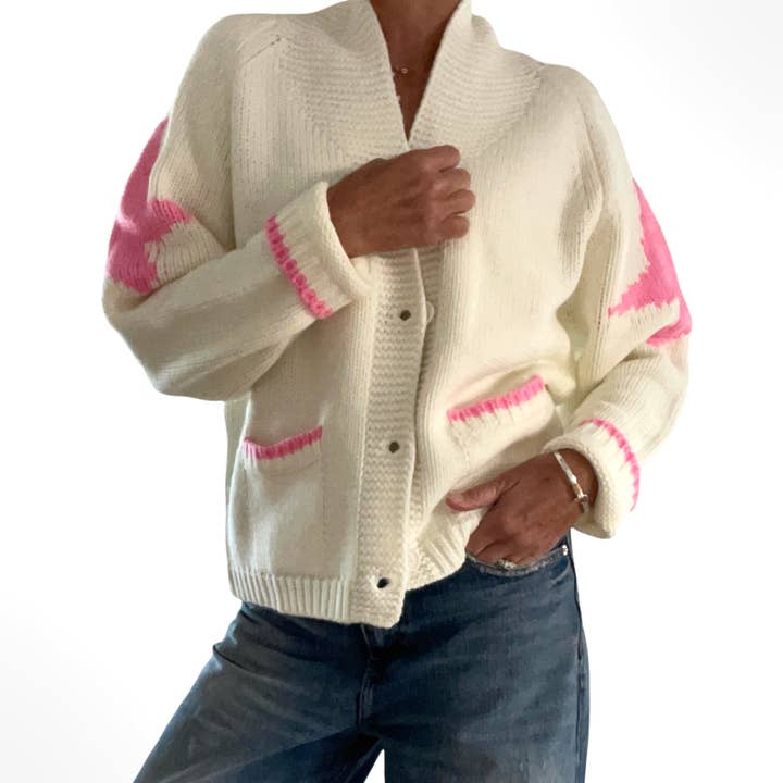 Pink Pineapple - Wholesale Cardigan - Women's - Varsity Chunky Cowboy in ivory/pinkÂ