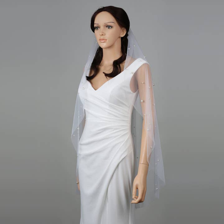 Farinosa Bridal - Wholesale Veil - Women's - FS6355 Scattered Pearls Bridal Wedding Veil 39" 118"