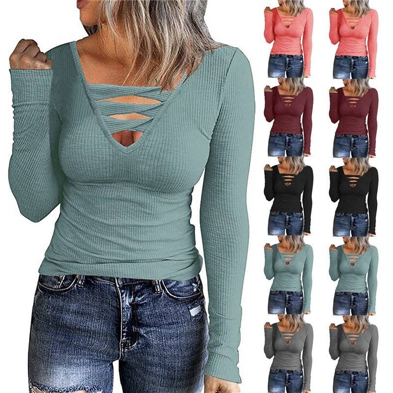 kycozy – Großhandel Strickoberteil – Damen – Einfarbiges, hohles, geripptes T-Shirt-Oberteil mit V-Ausschnitt und langen Ärmeln2