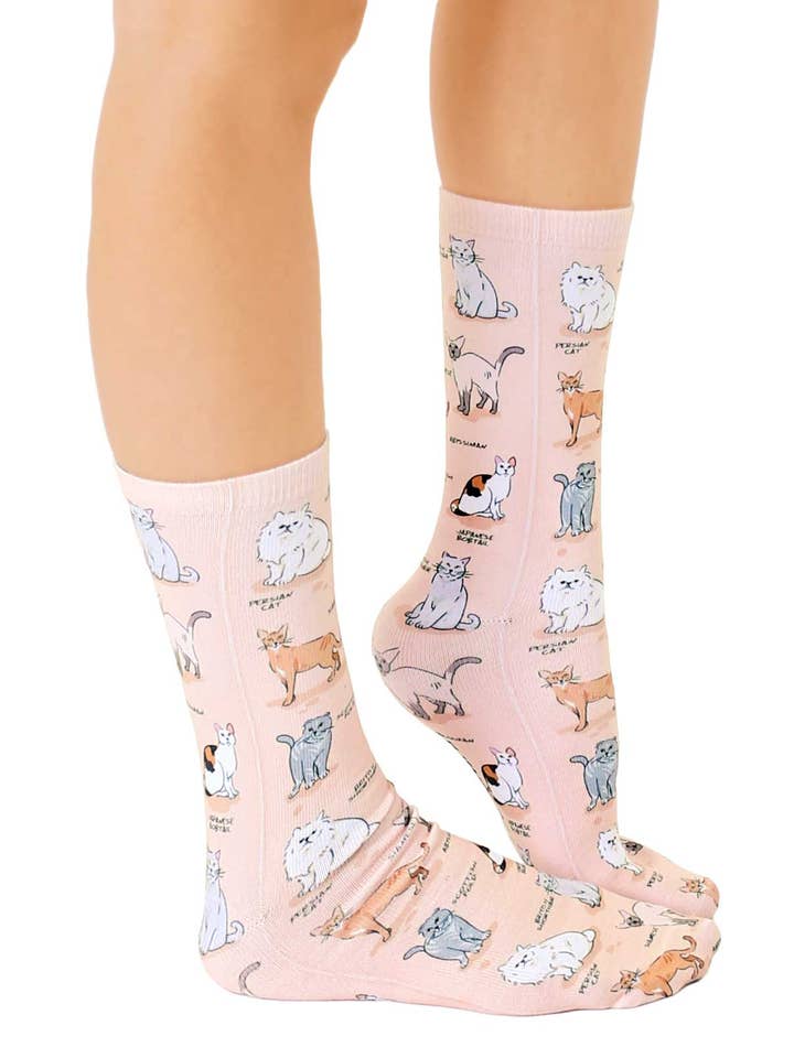 Living Royal - Wholesale Socks - Unisex - Novelty Graphic Crew Socks - Kitty Cat Breeds - Peach