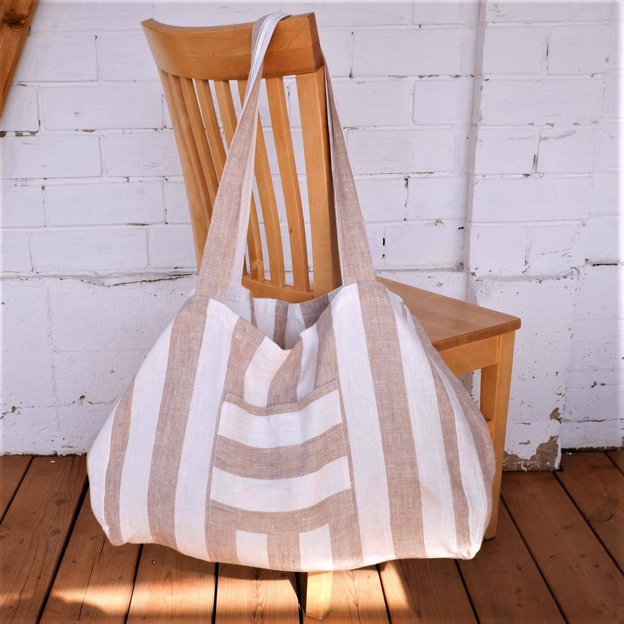 NorraVilla - Vente Tote bag – femme - Grand sac fourre-tout en lin à rayures blanches et marron2