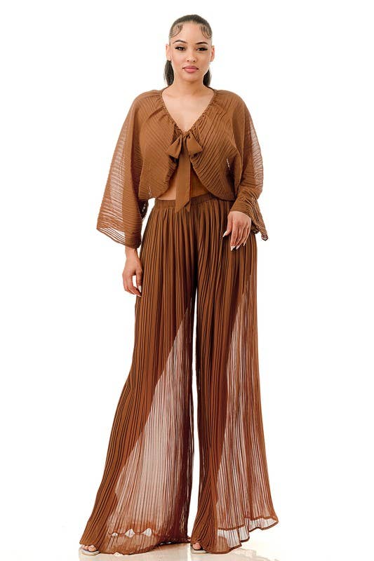 Namatt Design – wholesale Top & pants set (NOT Loungewear) – Women's – Plus Front Tie Billowing Pleated Crop Top & Pants Set12
